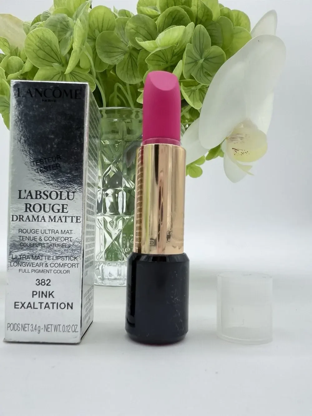 Lancome L'Absolu Rouge Drama Matte Lipstick 382 Pink Exaltation Clear Cap 3.4g